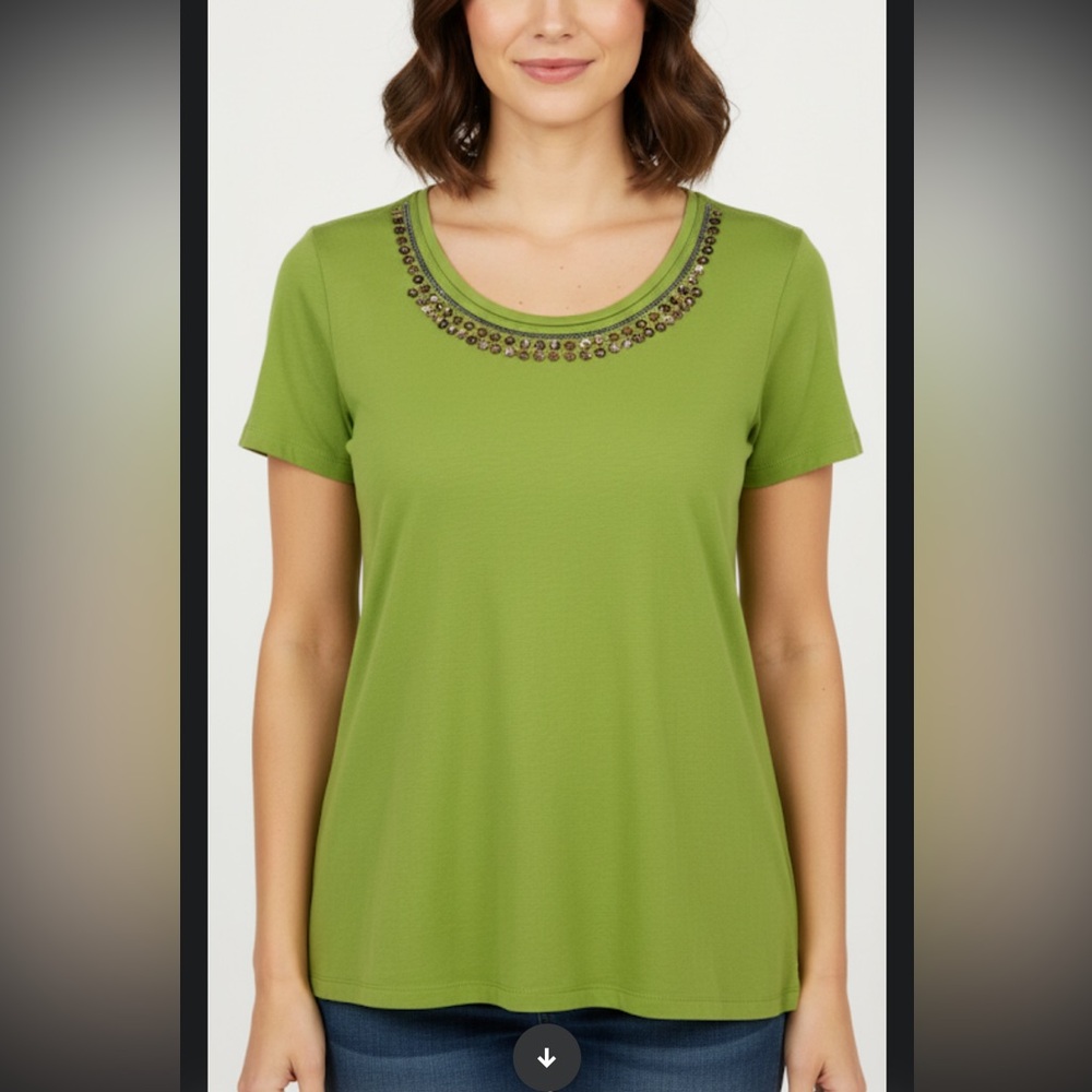 Green Top with Decorative Beaded Neckline by St John’s Bay Size Large Petite